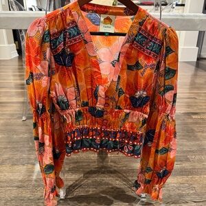 FARM Rio Orange and Blue Graphic Long Sleeve Blouse